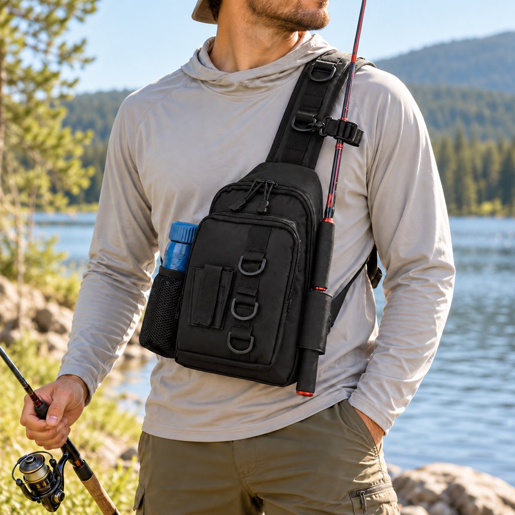 Black fishing sling tackle bag with rod holder