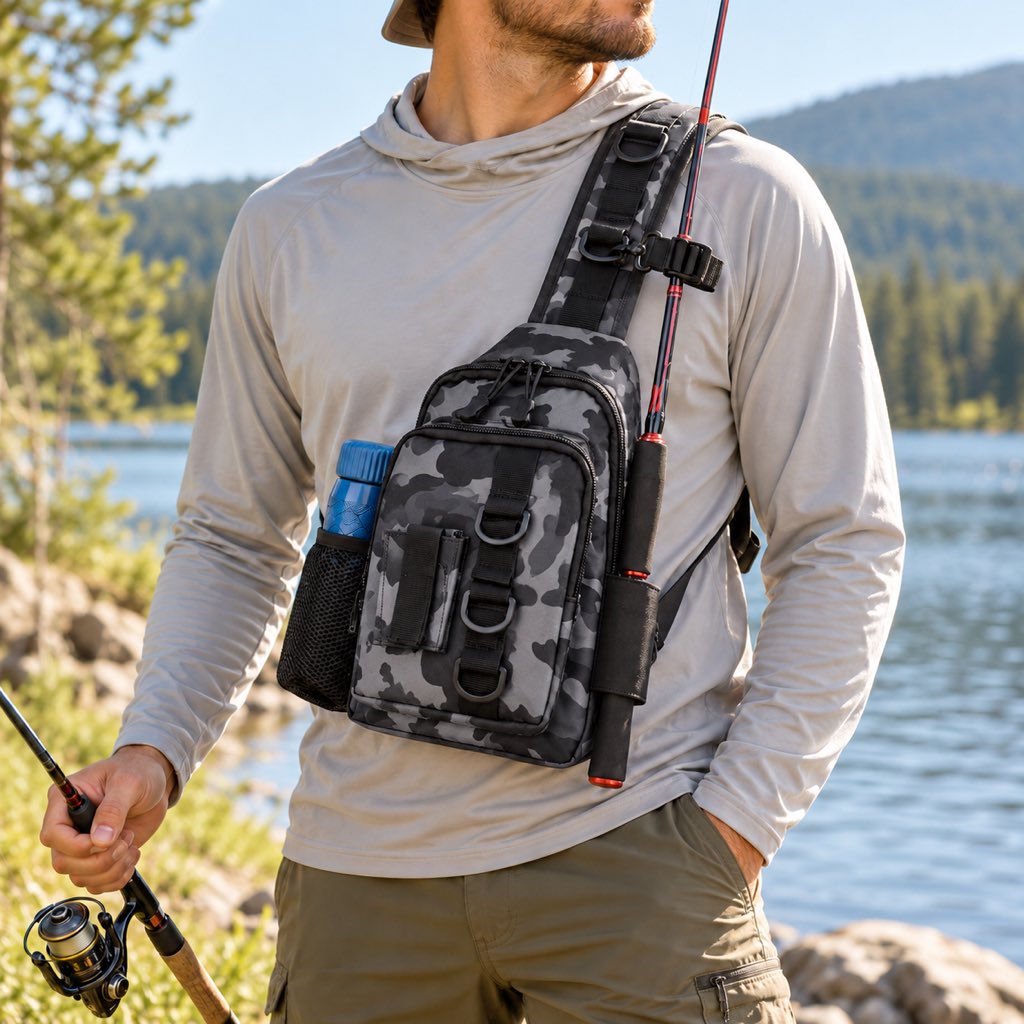 Gray camo fishing sling tackle bag with rod holder