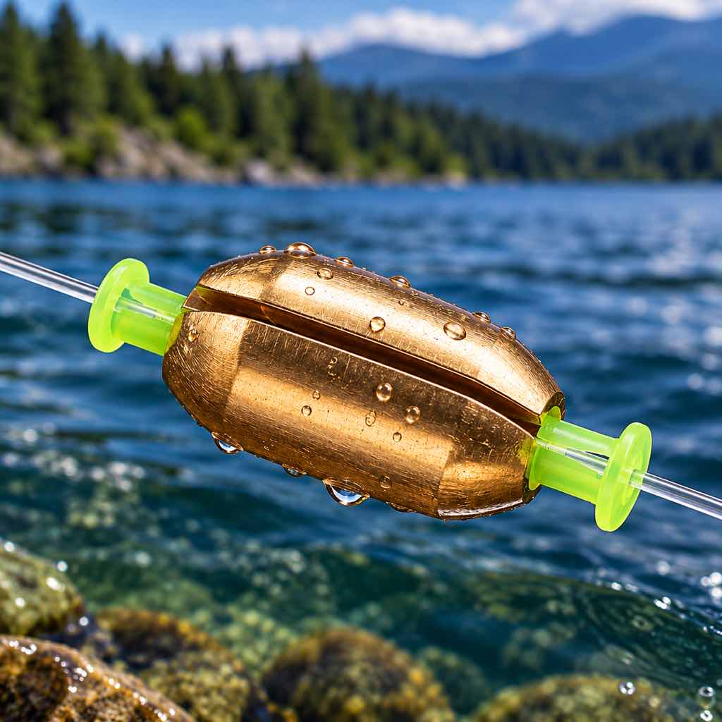 Quick-change copper fishing sinker with green silicone stops installed on a fishing line