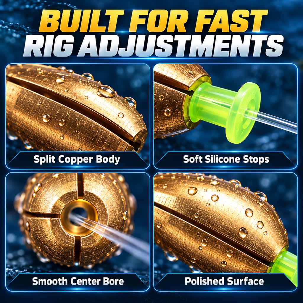 Quick-change copper fishing sinker split body and silicone stop details