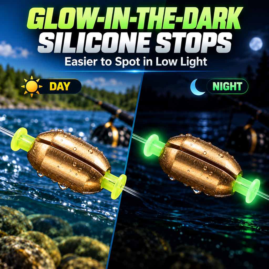 Glow green silicone stops for quick-change fishing sinkers