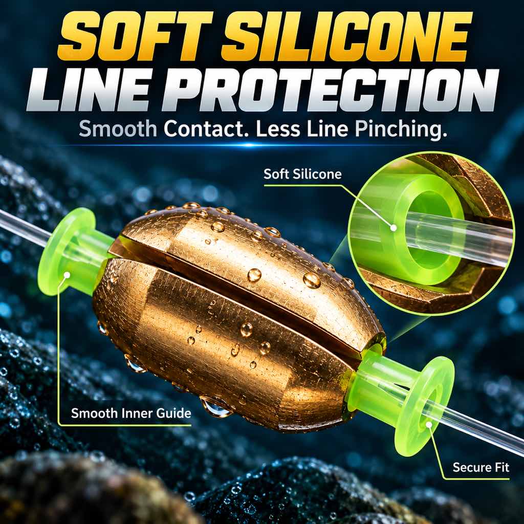 Soft silicone stops on a copper fishing sinker for line protection