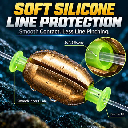 Soft silicone stops on a copper fishing sinker for line protection