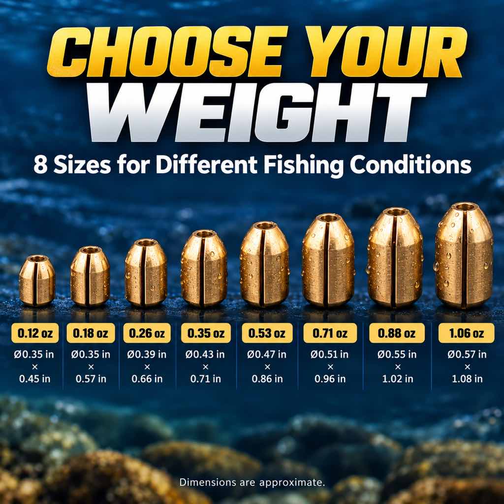 Quick-change copper fishing sinker size chart for eight weight options