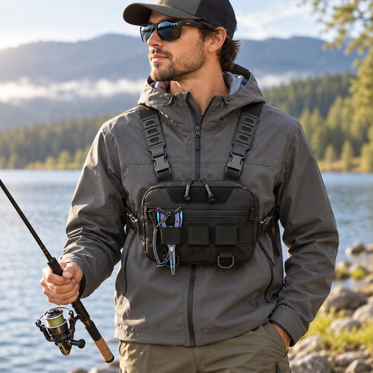 Black multi-pocket fishing chest pack worn by an angler at a lake