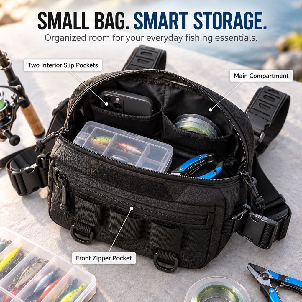 Open black fishing chest pack showing organized interior storage pockets