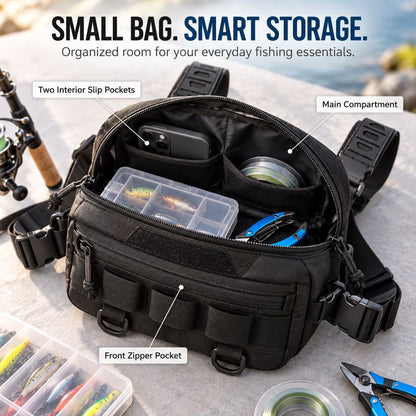 Open black fishing chest pack showing organized interior storage pockets
