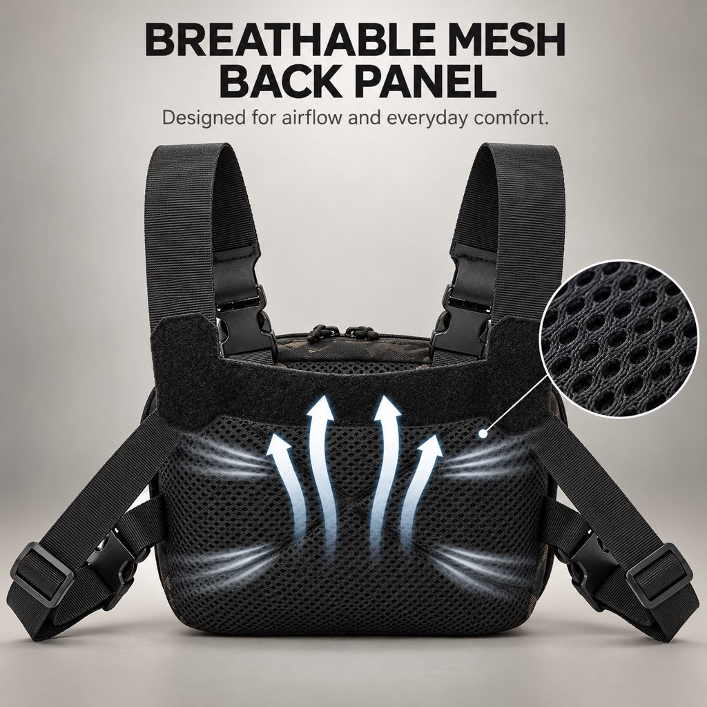 Breathable mesh back panel on an adjustable fishing chest pack