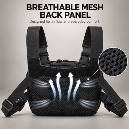 Breathable mesh back panel on an adjustable fishing chest pack