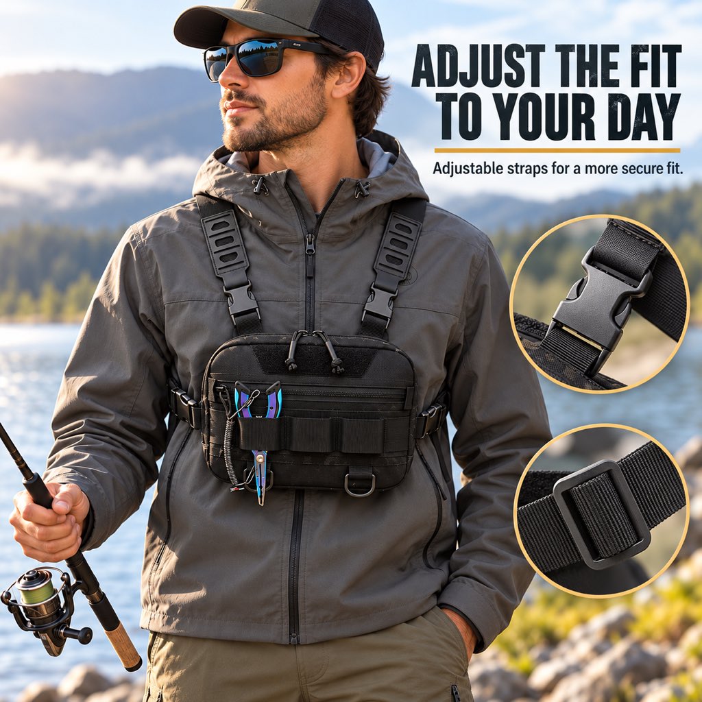 Adjustable shoulder straps and buckles on a black fishing chest pack