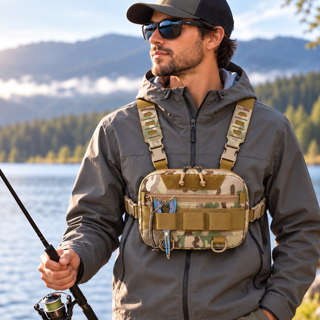 Khaki camo multi-pocket fishing chest pack worn by an angler