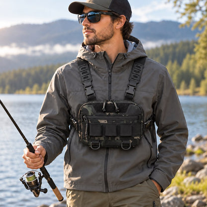 Green camo multi-pocket fishing chest pack worn during bank fishing