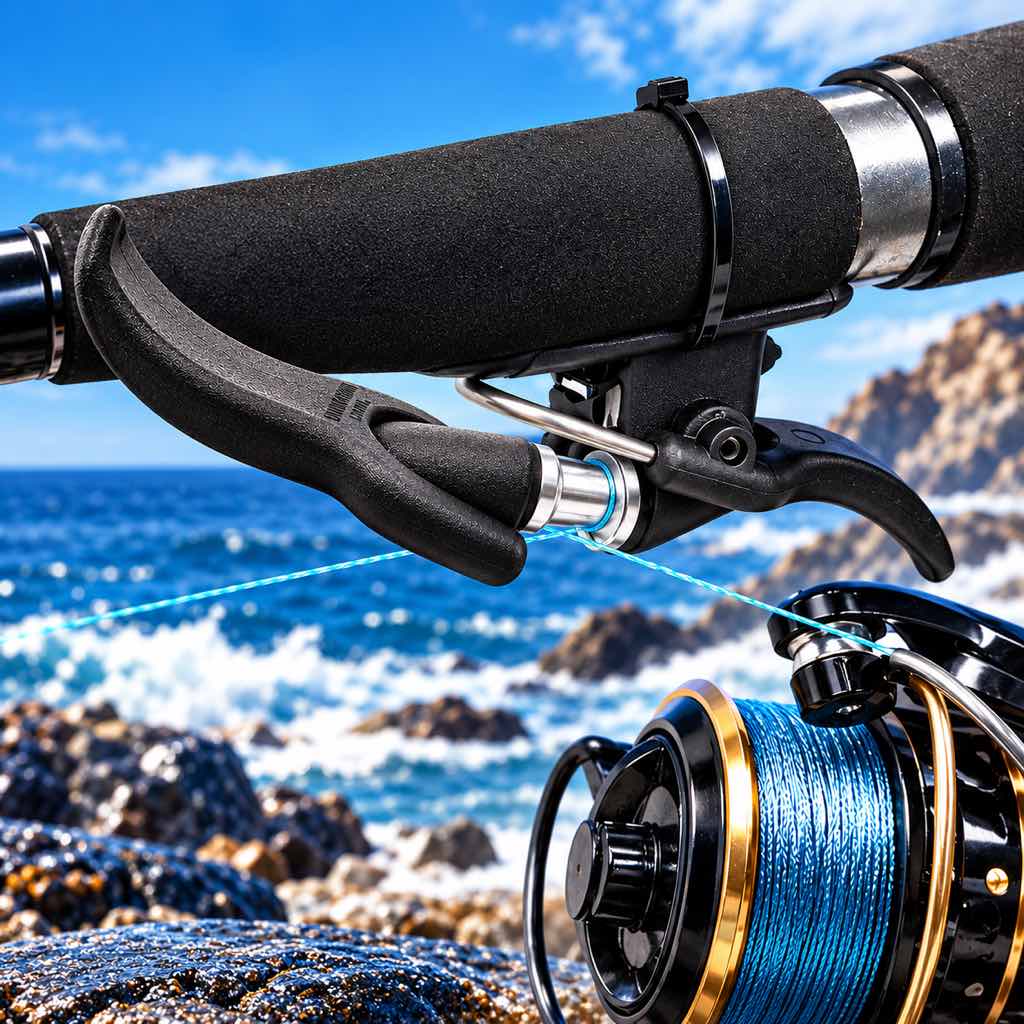 Black surf casting trigger aid mounted on a spinning rod handle