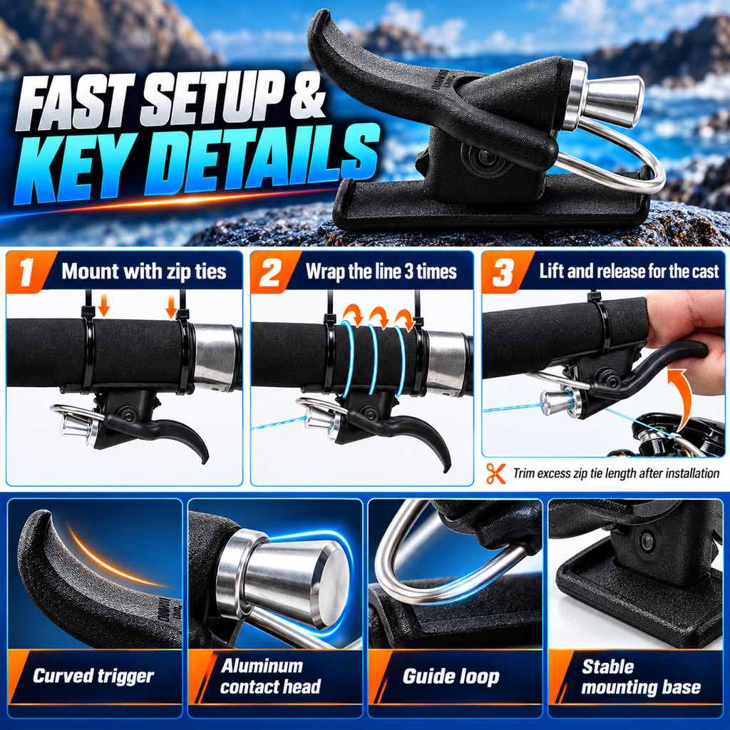 Surf casting trigger aid installation with zip ties