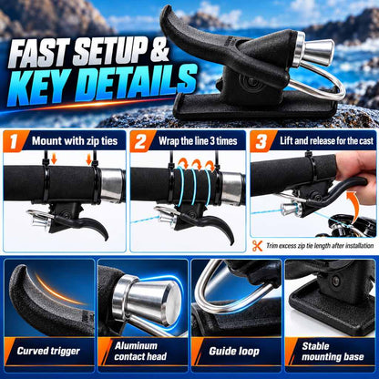 Surf casting trigger aid installation with zip ties