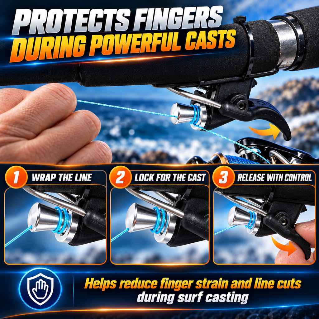 Surf casting trigger aid helps reduce direct finger contact with fishing line