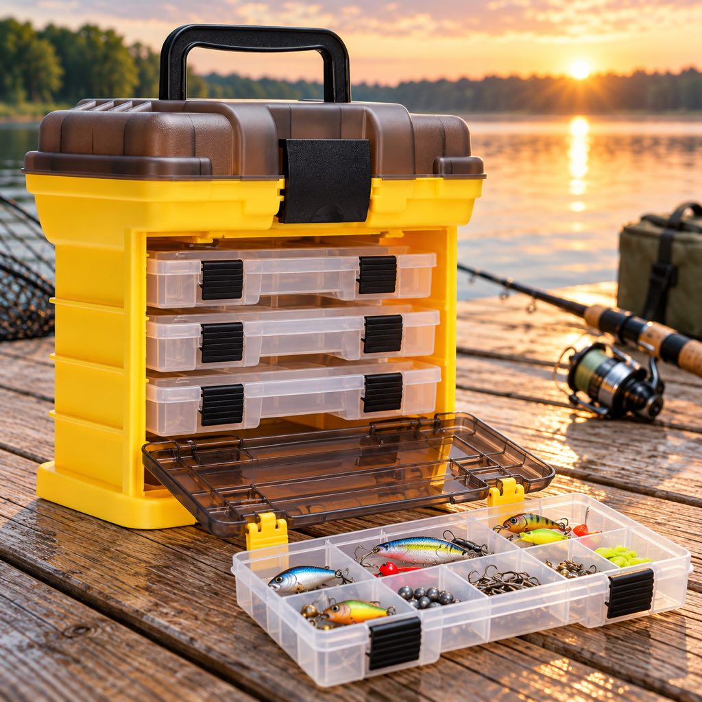 Yellow and brown portable 4-tray fishing tackle box organizer on a fishing dock