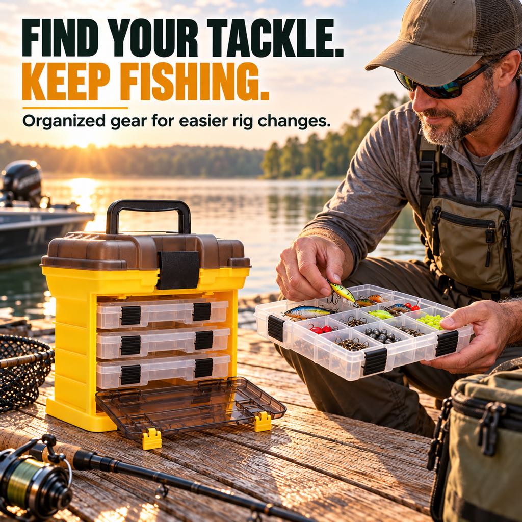 Angler organizing fishing lures with a portable tackle box
