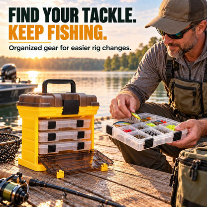 Angler organizing fishing lures with a portable tackle box