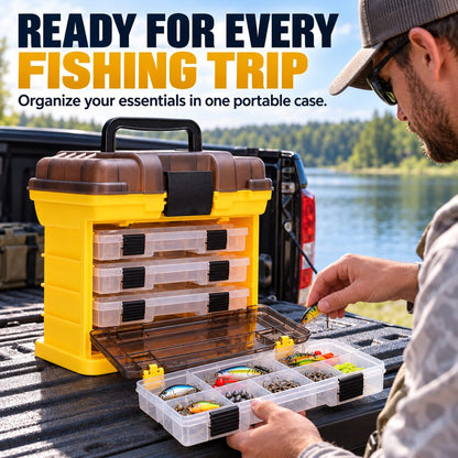 Four-tray fishing tackle organizer on a pickup truck tailgate