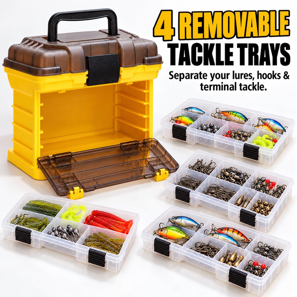 Fishing tackle box with four removable organizer trays