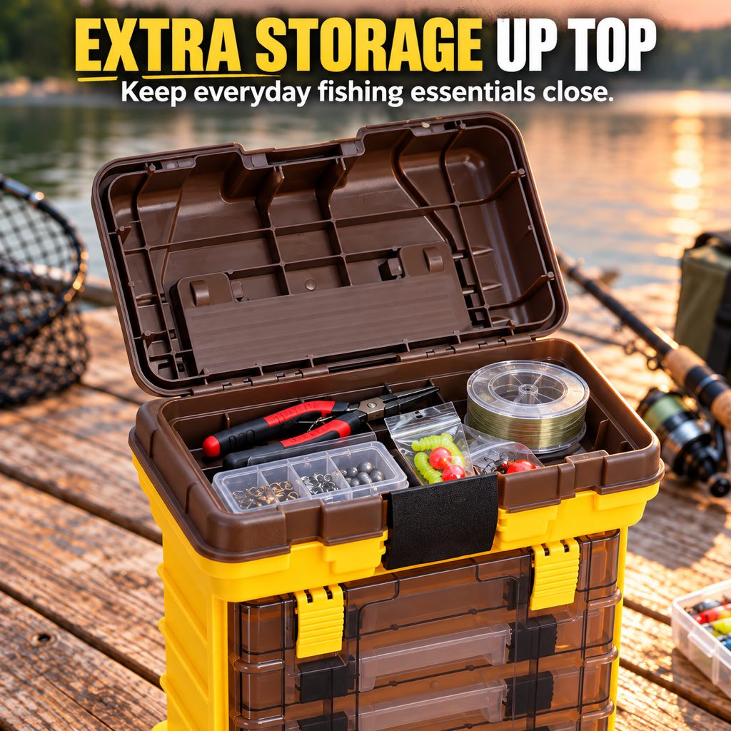 Fishing tackle box with additional top storage compartment