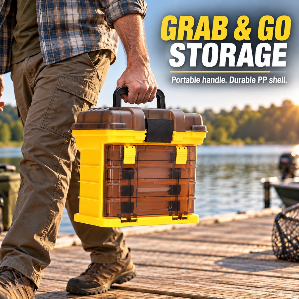 Portable fishing tackle box with carry handle