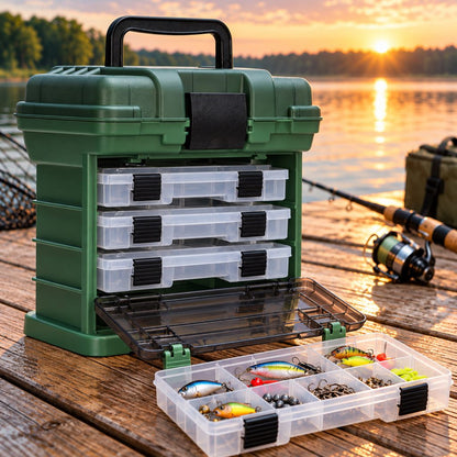 Dark green portable 4-tray fishing tackle box with clear removable trays