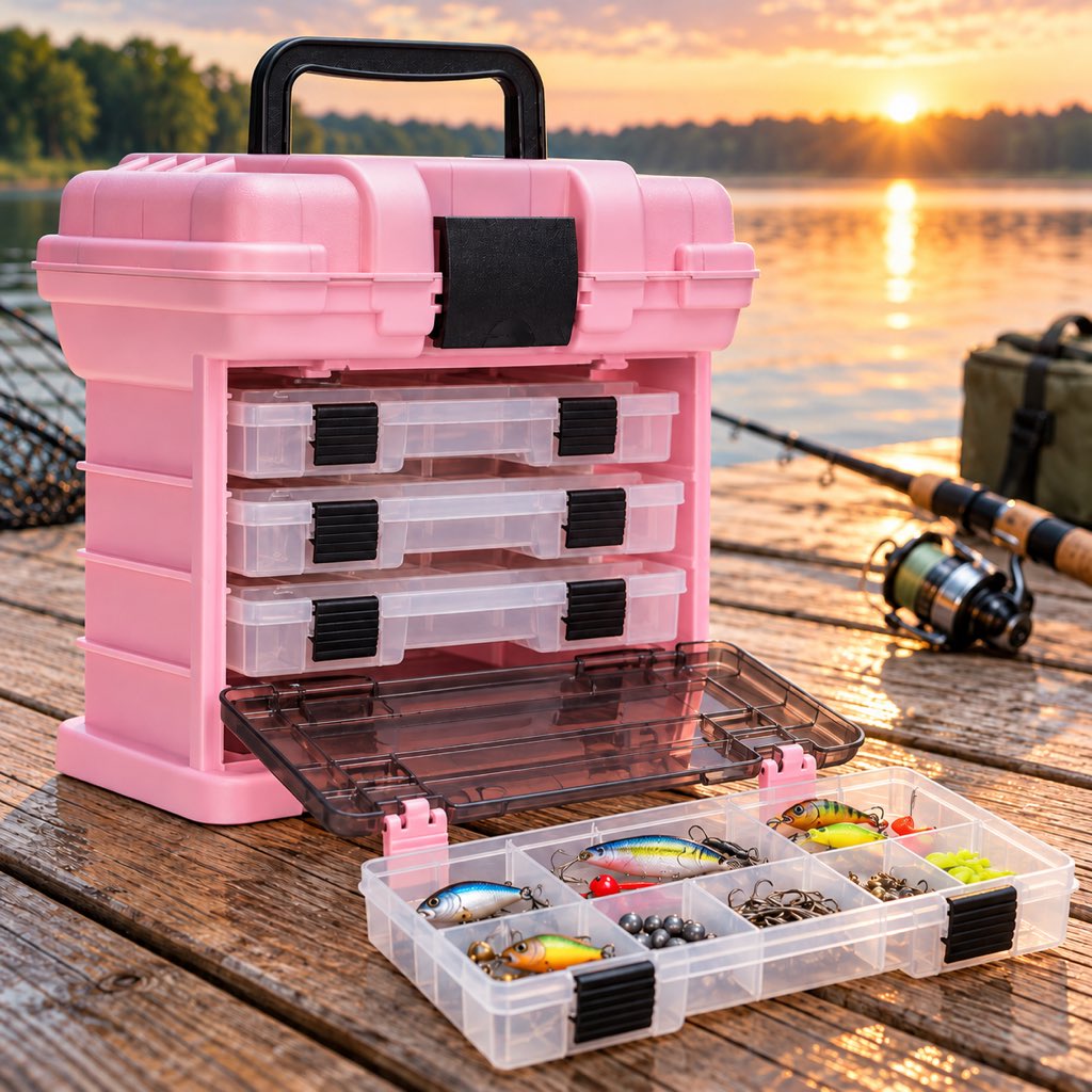 Pink portable 4-tray fishing tackle box with clear removable trays