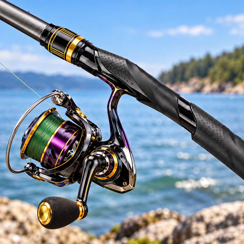 Black and gold spinning reel seat installed on a fishing rod