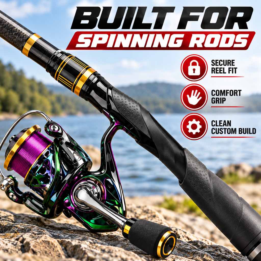 Black and gold spinning reel seat on a custom spinning rod