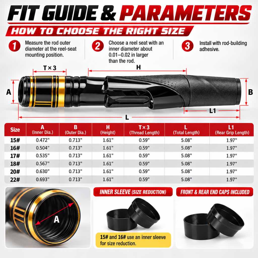 Spinning reel seat size and fit guide with model dimensions