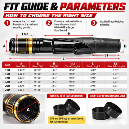 Spinning reel seat size and fit guide with model dimensions