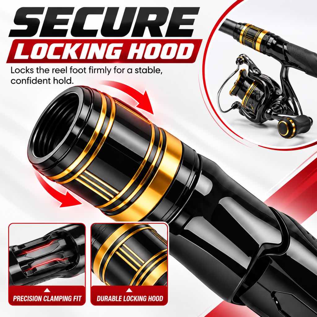 Threaded locking hood detail on black and gold spinning reel seat
