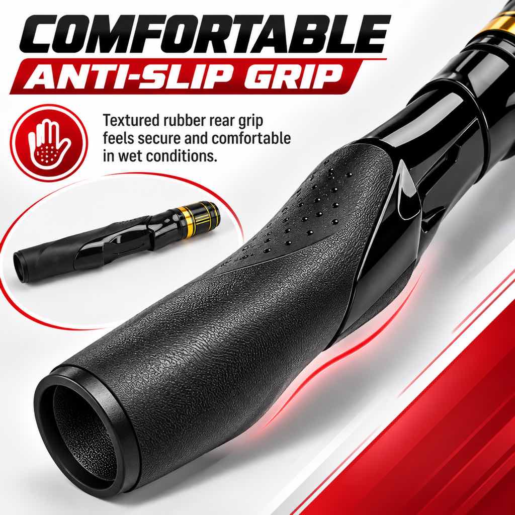 Textured rear grip detail on black spinning reel seat