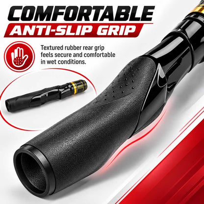 Textured rear grip detail on black spinning reel seat