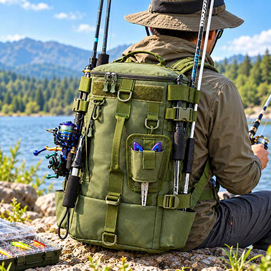Green fishing tackle backpack with side rod holders at a lakeside fishing spot