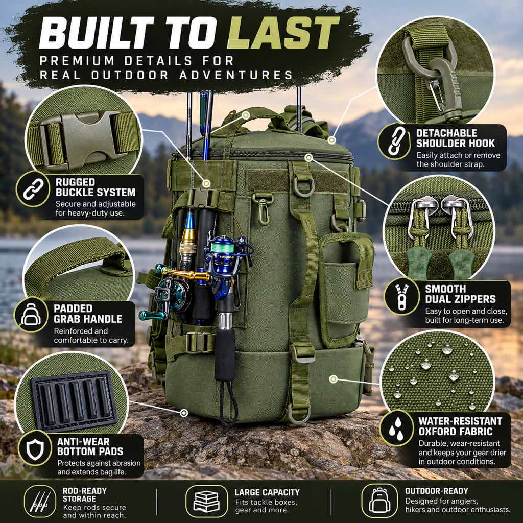 Fishing backpack buckle zipper handle and bottom pad details