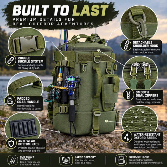Fishing backpack buckle zipper handle and bottom pad details