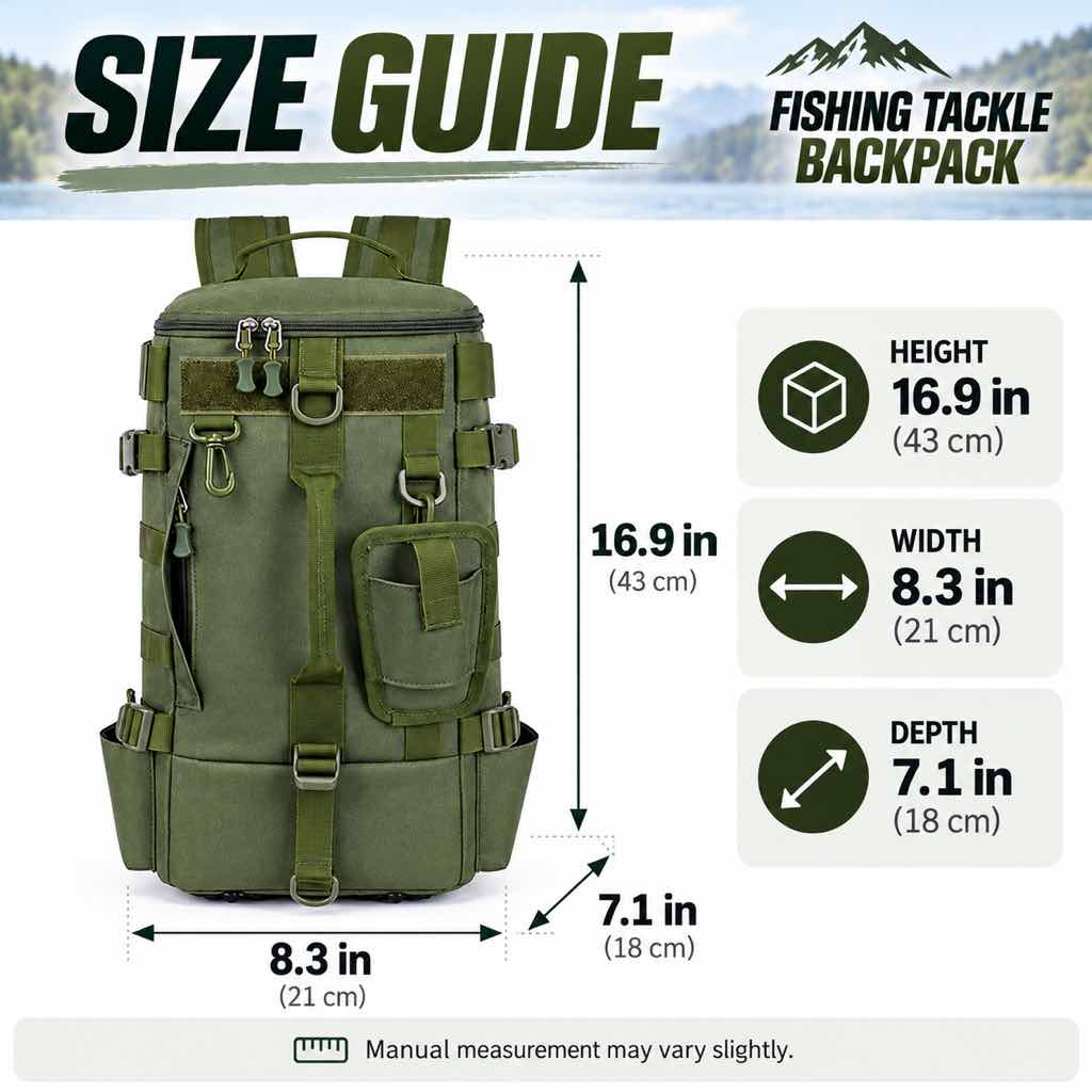 Fishing tackle backpack size guide showing 8.3 by 7.1 by 16.9 inches