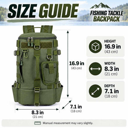 Fishing tackle backpack size guide showing 8.3 by 7.1 by 16.9 inches