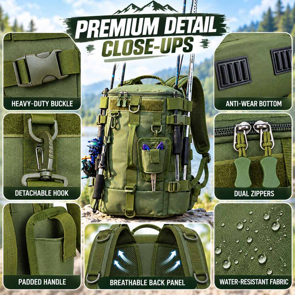 Fishing backpack buckle zipper hook padding and fabric details