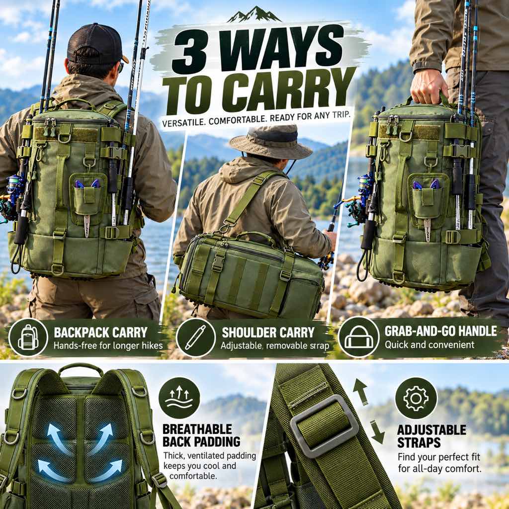 Fishing backpack shown as backpack shoulder bag and hand-carry bag