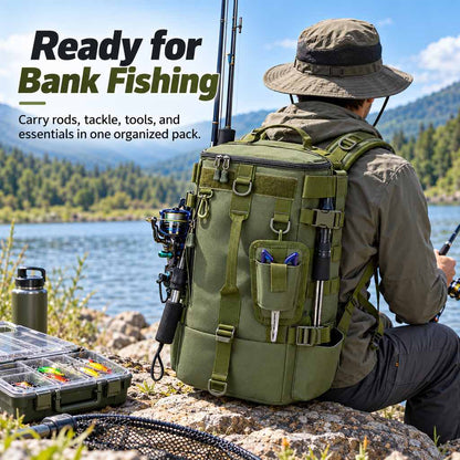 Green fishing tackle backpack used for bank fishing