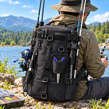 Black fishing tackle backpack with side rod holders at a lakeside fishing spot