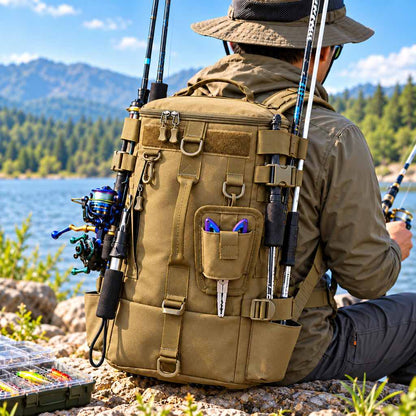 Khaki fishing tackle backpack with side rod holders at a lakeside fishing spot