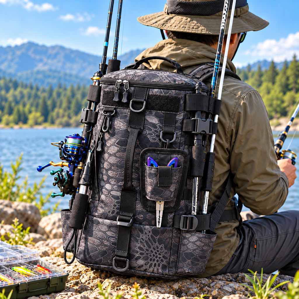 Black camo fishing tackle backpack with side rod holders at a lakeside fishing spot