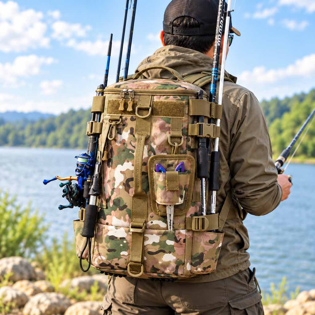 Brown camo fishing tackle backpack with side rod holders at a lakeside fishing spot